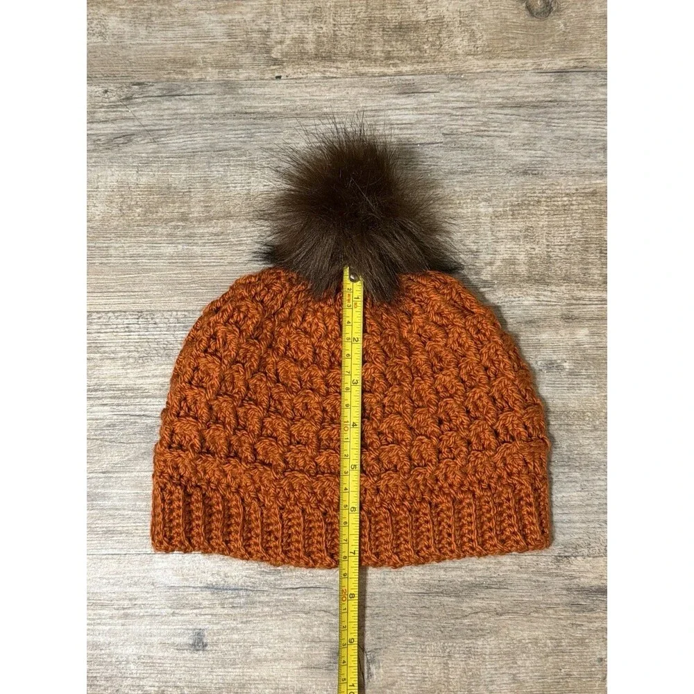 New Hand Crocheted Waffle Orange Acrylic Faux Fur Pom Pom Beanie Hat Women